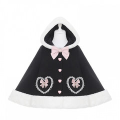 Jirai Kei Plush Trimmed Hooded Cape with Sweetheart Applique & Bow Accents in White & Blue / Black & Pink