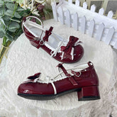 Wine Red Ruffle Trim Decorated Bow at Top 3.5CM Sweet Lolita Block Heel Mary Janes