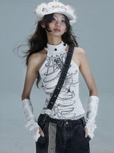 White Punk Halter Top with Spine Graphic Print & Bead Details
