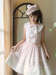 Pink Sailor Collar Lolita Dress with Beige Trims and Lace Bow Accent