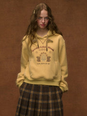 Yellow Preppy Style Hoodie with Squirrel Embroidery & Drawstring Hood