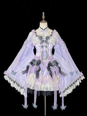 Purple Butterfly Fabric Chinoiserie Lolita Halter Neck Dress with Frog Buttons and Wide Sleeves