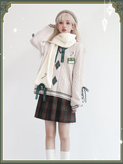 White/Red Preppy V-Neck Sweater with Diamond Pattern and Candy Embroidery