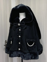 Jirai Kei Black Bunny Ears Hooded Plush Cape with Detachable Bowknots