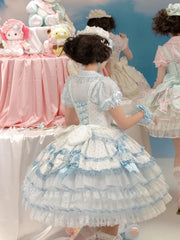 Blue Strawberry Princess Layered Ruffle Dress Sweet Lolita Jumper Skirt with Polka-dot Pattern and Detachable Puff Sleeves