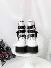 White Punk Boots with 11.5cm Platform Sole, Back Zip Closure & Stud Embellishments