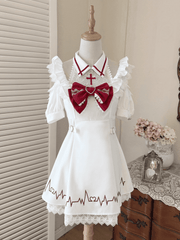 Yami Kawaii Red Cross Embroidered White Lace Halter Dress with Cutout Shoulders and Heartbeat Print Skirt