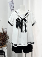 White Sailor Collar Short Sleeves Shirt and Black Shorts
