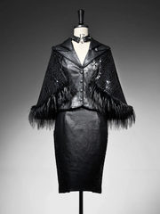 Black Sharp Angle Notched Collar Office Lady Fluffy Hemline Cape Design PU Leather Blazer