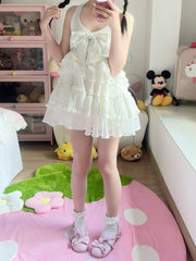 White Soft & Innocent Mini Halter Dress with Empire Waist & Tiered Lace Trim