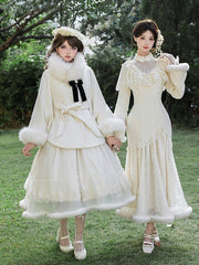 White Winter Lolita Fleece Lining Cape Coat with Detachable Fur Collar, Sash and Brooch