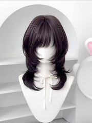 Black Tea 45CM Hime Cut Short Wavy Wig with Bangs