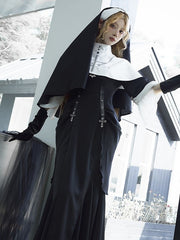 White Nun Lolita Mandarin Collar with Black Cross Print