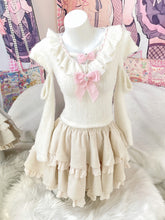 White Ruffle Neckline Cutout Sleeves Sweater with Tiered Skirt and Pink Bows Set
