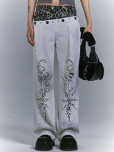 Vintage White Punk Distressed Jeans with Leopard Print Waistband & Botanical Print