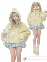 Yellow Kawaii Hoodie Jacket with Chick Embroidery, Pompon Charm & Self-Tie Strap