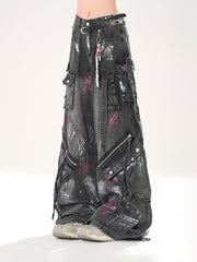 Spray Paint Print Black Low Rise Zipper Details Distressed Wide-leg Jeans