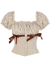 Bowknot Details Brown Striped Puff Sleeves Top