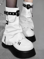 White Punk Cross Decorated Heart Buckle Studs Details Platform Boots