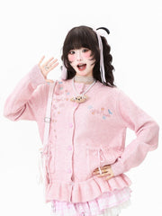 Pink/Apricot Daily Kawaii Cardigan with Ruffled Hem, Embroidered Butterflies & Flowers