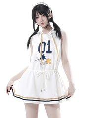 White Blokette Sleeveless Hoodie Dress with Drawstring Waist & Hood,Blue and Yellow Striped Hem