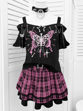 Y2K Chains Embellished Neckline Butterfly Print Black T-shirt with Pink Plaid Skirt Set