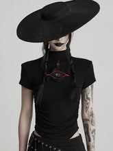 Urban Goth Black Eye Embroidery Decor Waist-Cinched Short-Sleeve Top