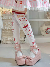 White/Mint Green Puppy Print Sweet Lolita Over Knee Stockings