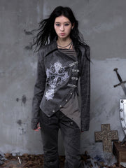 Vintage Street Punk Dark Gray-Brown Jacket with Cross Print & Asymmetrical Button Placket