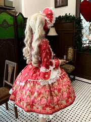 Strawberry Print Red Bell Sleeves Lolita Dress with Lace Trim and Bow Accents