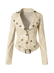 Tailored Cropped Punk Khaki Yellow Jacket with Rose Embroidery & Buckle Belt