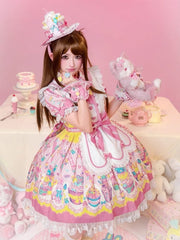 Yellow & Pink Bunny and Cupcake Print Peter Pan Collar Maid Lolita Dress