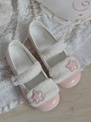 Sweet PU Snap Button Pink Flats - Star Accent & White Plush Strap