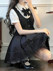 Jirai Kei Set - White Puff Sleeves Blouse + Black Cross Lace Trim Overall Dress