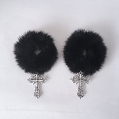 White/Black Fluffy Hair Ties with Cross Charms
