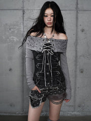 Vintage Grey Punk Knit Top with Denim Panels & Off-Shoulder Design