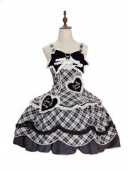 White & Black Plaid Sweetheart Appliques Sweet Lolita JSK Dress with Scalloped Edge Trim