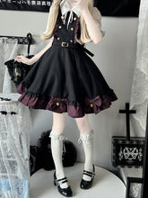 White Short Sleeves Blouse+Dark Red&Black Bowknot Bell Striped Ruffled Trim Overall Dress Set