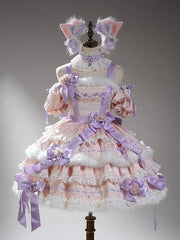 Curve-Friendly Fit Pink & Purple Sweet Princess Lolita Dress with Fluffy Trim and Ribbon Bows