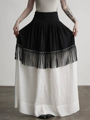 Urban Goth Black and White Patchwork A-Line Skirt with Tassel Decor
