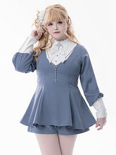 Jirai Kei Nun Style Coord Set: Light Blue Top with Leg-of-Mutton Sleeves, Shorts , Ornate Brooch & Cross Chain