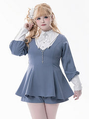 Jirai Kei Nun Style Coord Set: Light Blue Top with Leg-of-Mutton Sleeves, Shorts , Ornate Brooch & Cross Chain