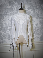 White Ruffle Neckline Leg-of-Mutton Sleeves Blouse