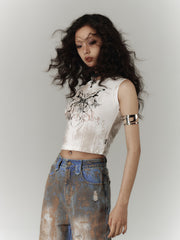 Y2K White Butterfly Print Slim Fit Tank Top