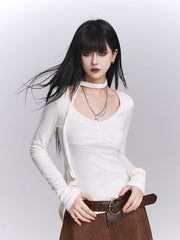Versatile White U-Neck Long Sleeve Top with Front Ruches & Matching Neck Strap