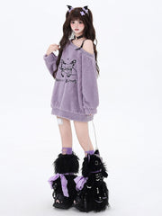 Sweet Butterfly Design Purple Asymmetrical Neckline Cozy Sweatshirt PU Shoulder Strap