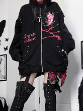 Black Guro Kawaii Red Heart And Letter Print Studs Decor At Ed C At Ear Zip- Up Hoodie