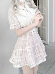 Jirai Kei Pink Plaid Organza Skirt with Lace-up Back