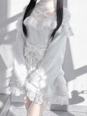 White Sweater with Criss-cross Neckline, Shoulder Cut-outs and Cross Embellishment