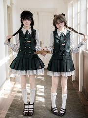 Fake Two-pieces Green Preppy Style Lolita Box Pleat Short Dress + Tonal Tie